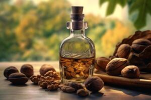 essence of nature with this high-resolution image featuring walnuts oil in a glass bottle photo