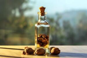 essence of nature with this high-resolution image featuring walnuts oil in a glass bottle photo