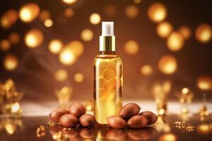 Argan oil on a golden background with bokeh effect photo