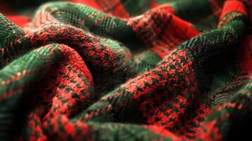 Immerse in the elegance of textured tartan fabric with intricate red and green patterns photo