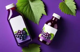 Experience the rich and vibrant look of grape juice bottles set against a striking purple backdrop photo