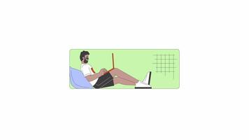 Black man typing on laptop leaning on pillow 2D character animation. Work from home cartoon 4K , alpha channel. Male web designer in green frame animated person on white background video