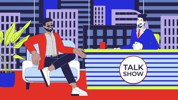 Talk show on TV cartoon animation. Host guest. Late-night television production 4K 2D motion graphic. Personality interview celebrity animated characters on broadcasting program background video