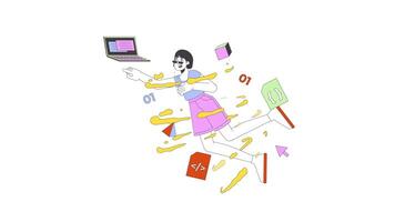 Japanese female app developer coding 2D animation. Web design job 4K motion graphic. Asian woman writing code in supplies swirl animated character cartoon flat concept, white background video