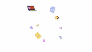 Software development elements 2D objects animation. Computing technology future cartoon 4K , alpha channel. Laptop and bouncing code details animated flat items on white background video