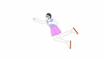 Smiling japanese woman pointing aside in air 2D character animation. Imagination flight cartoon 4K , alpha channel. Asian female enjoying floating animated person on white background video