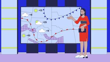 Weather channel on TV cartoon animation. Broadcasting program 4K 2D motion graphic. Synoptic woman reporting forecasting meteorologist animated character on television production background video