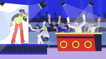 TV talent show cartoon animation. Singer audition on television 4K 2D motion graphic. Latino participant singing on spotlights stage for judges animated characters on broadcasting background video