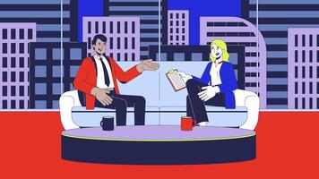 Interview show on TV cartoon animation. Cable television production. Broadcasting program 4K 2D motion graphic. Interviewer asking questions interviewee animated characters on city background video