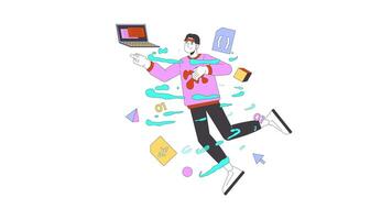 Asian man web developer inspired at work 2D animation. Programming job 4K motion graphic. Japanese male in coding whirlpool animated character cartoon flat concept, white background video