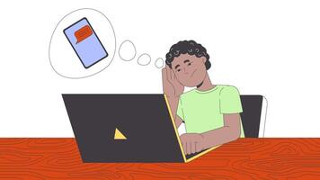 Sad black boy doing boring homework 2D character animation. E learning education cartoon 4K , alpha channel. Student thinking about chatting on lesson animated person on white background video