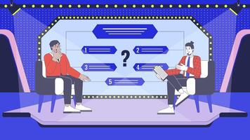 Quiz show on TV cartoon animation. Television broadcasting 4K 2D motion graphic. Host suggesting multiple choice questions to contestant animated characters on trivia show game background video