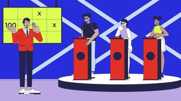 Game show on TV cartoon animation. Gameshow competition broadcasting 4K 2D motion graphic. Host microphone, participants behind push buzzers animated characters on entertainment background video