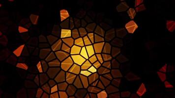 Glowing light abstract looping animation of the moving fancy textured shining gold polygonal mosaic pattern dark background. video