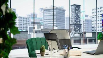 High end work environment empty office used in business industry and corporate culture, equipped with professional tools and devices. Executive power modern workspace. video