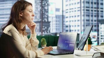 mulher geral diretor gerenciando múltiplo expansão projetos, exibindo dela multitarefa habilidades, organizacional e Liderança habilidades. CEO trabalhando com comprometimento para o negócio sucesso. Câmera b. video