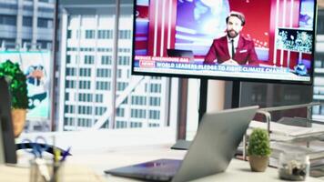 Modern corporation office in a high end urban building designed for a business director, luxurious city center workspace. Financial district global enterprise, professional workplace. video