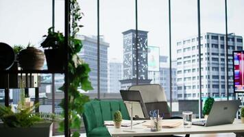 Empty global corporation office in a luxurious urban city center, modern workspace equipped with professional tools and networking system. Career development and motivation. video