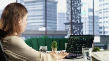 Forecast expert CEO analyzing investment insights and negotiations details, looking at data analytics and reports to establish the corporation vision and objectives. Business productivity. Camera B. video