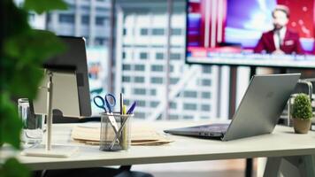 Empty global corporation office in a luxurious urban city center, modern workspace equipped with professional tools and networking system. Career development and motivation. video