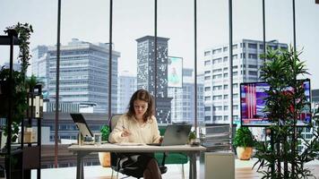 Business director signing contracts and paperwork to approve the daily activity for enterprise management and development. Female CEO working with legal documents, authorization. Camera B. video