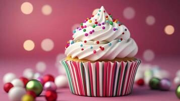 Indulge in this delightful, colorful cupcake adorned with whipped cream photo