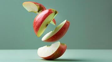 Experience the surreal beauty of a floating sliced apple against a serene blue background. photo