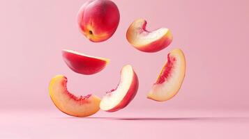 Enjoy this captivating visual of floating peach slices against a minimalist pastel backdrop photo