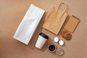Coffee identity branding mockup set top view flat lay photo