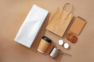 Coffee identity branding mockup set top view flat lay photo