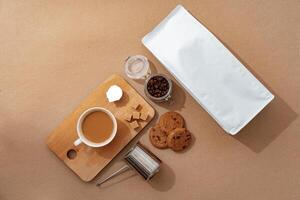 Coffee identity branding mockup set top view flat lay photo
