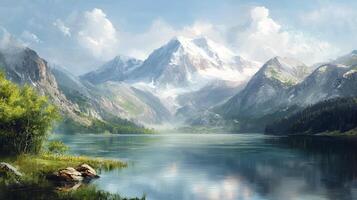 A beautiful river landscape between mountains and clouds. photo