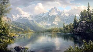 A beautiful river landscape between mountains and clouds. photo