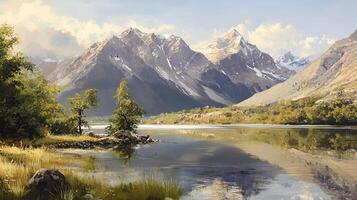 A beautiful river landscape between mountains and clouds. photo