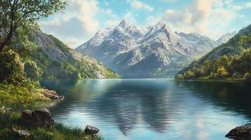 A beautiful river landscape between mountains and clouds. photo