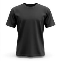A realistic mockup of a black T-shirt displayed from the front view, isolated on a clean white background. The T-shirt features a classic. photo