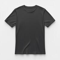 A realistic mockup of a black T-shirt displayed from the front view, isolated on a clean white background. The T-shirt features a classic. photo