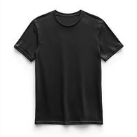 A realistic mockup of a black T-shirt displayed from the front view, isolated on a clean white background. The T-shirt features a classic. photo