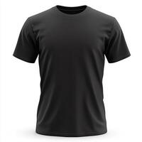 A realistic mockup of a black T-shirt displayed from the front view, isolated on a clean white background. The T-shirt features a classic. photo