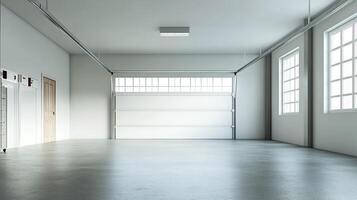 A realistic image of a spacious, empty garage with a clean, open layout. There are no vehicles or items inside. photo