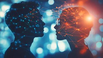 Modern office and communication network concept. Young man and woman in lab and global communication network concept. Management strategy. photo