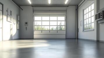 A realistic image of a spacious, empty garage with a clean, open layout. There are no vehicles or items inside. photo