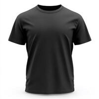 A realistic mockup of a black T-shirt displayed from the front view, isolated on a clean white background. The T-shirt features a classic. photo