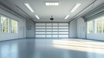 A realistic image of a spacious, empty garage with a clean, open layout. There are no vehicles or items inside. photo