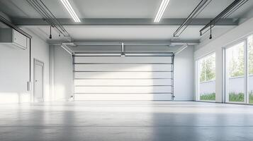 A realistic image of a spacious, empty garage with a clean, open layout. There are no vehicles or items inside. photo