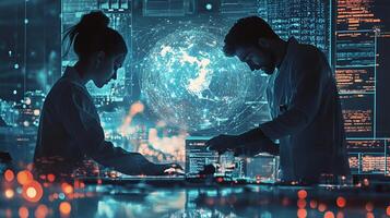 Modern office and communication network concept. Young man and woman in lab and global communication network concept. Management strategy. photo