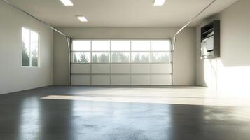 A realistic image of a spacious, empty garage with a clean, open layout. There are no vehicles or items inside. photo