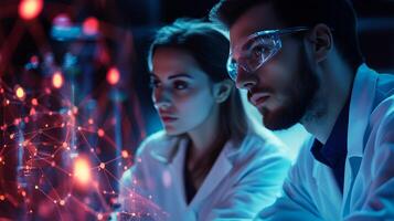 Modern office and communication network concept. Young man and woman in lab and global communication network concept. Management strategy. photo
