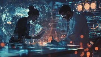 Modern office and communication network concept. Young man and woman in lab and global communication network concept. Management strategy. photo