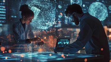 Modern office and communication network concept. Young man and woman in lab and global communication network concept. Management strategy. photo